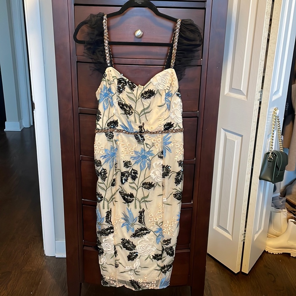Lulu's Cream Floral Showstopper Dress with Black and Blue Accents - Picture 6 of 9
